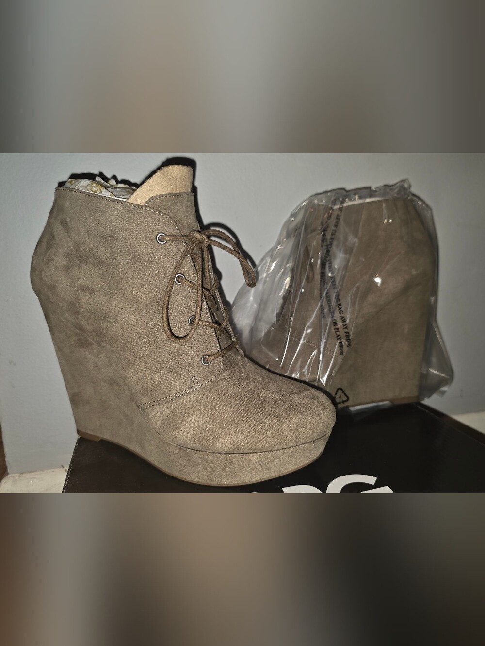 GBG Los Angeles Taupe Lace-Up Wedge Ankle Boots